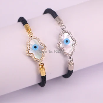 

Wholesale 10Pcs Fashion CZ Micro Pave Hamsa Hand White Shell Eye Charm Rope Bracelets
