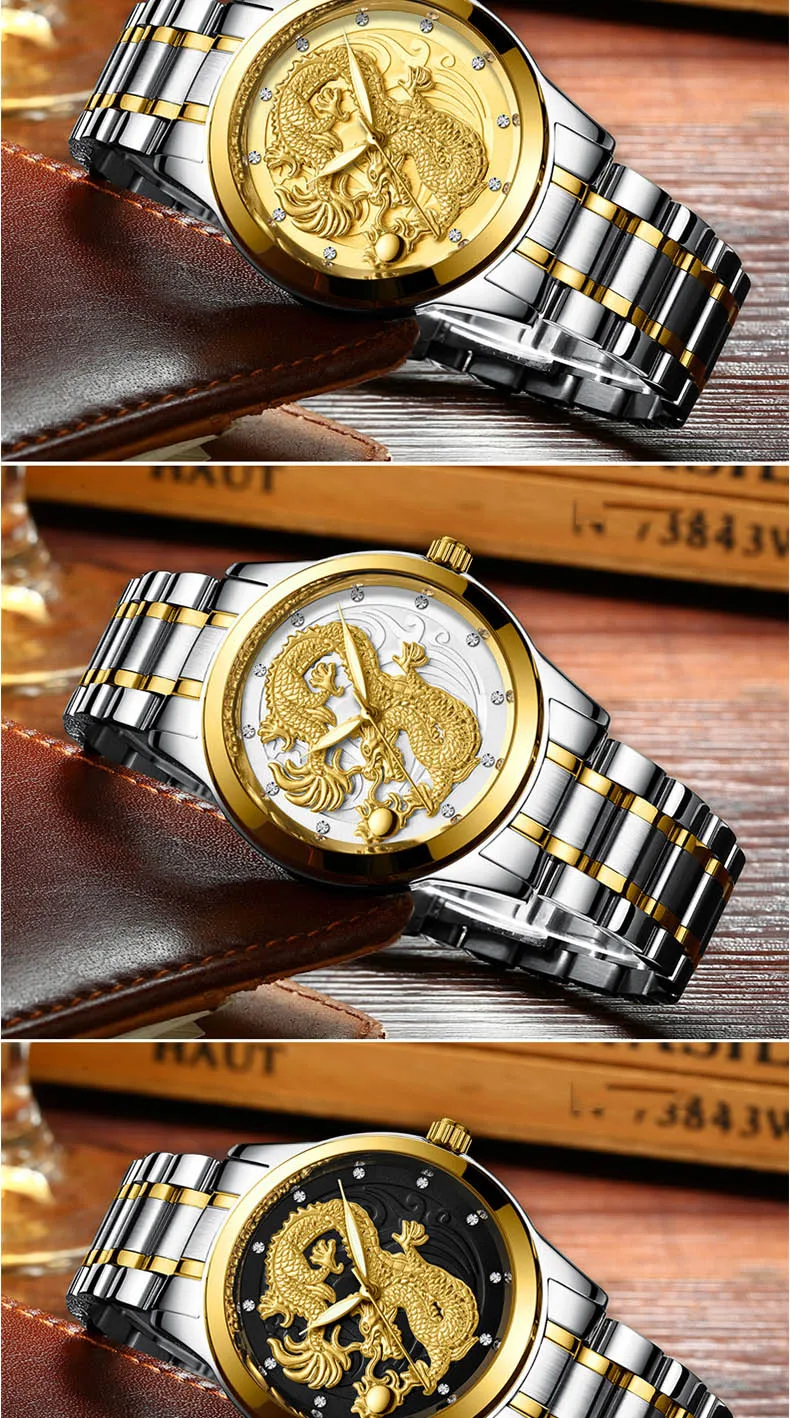 FNGEEN New watch male quartz watch dragon pattern luminous gold color quartz ultra-thin steel belt