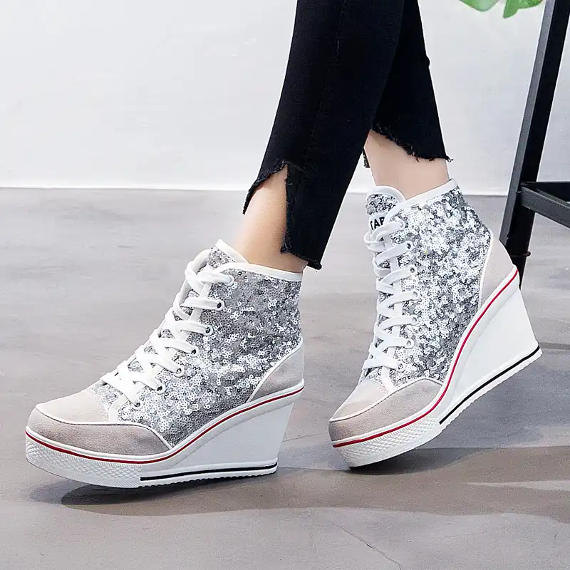 silver glitter wedge sneakers