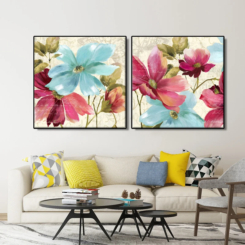 

canvas art print Painting oil painting Vintage Home Decor on the Wall for living room 2 Piece Purple blue flowers and Butterfly