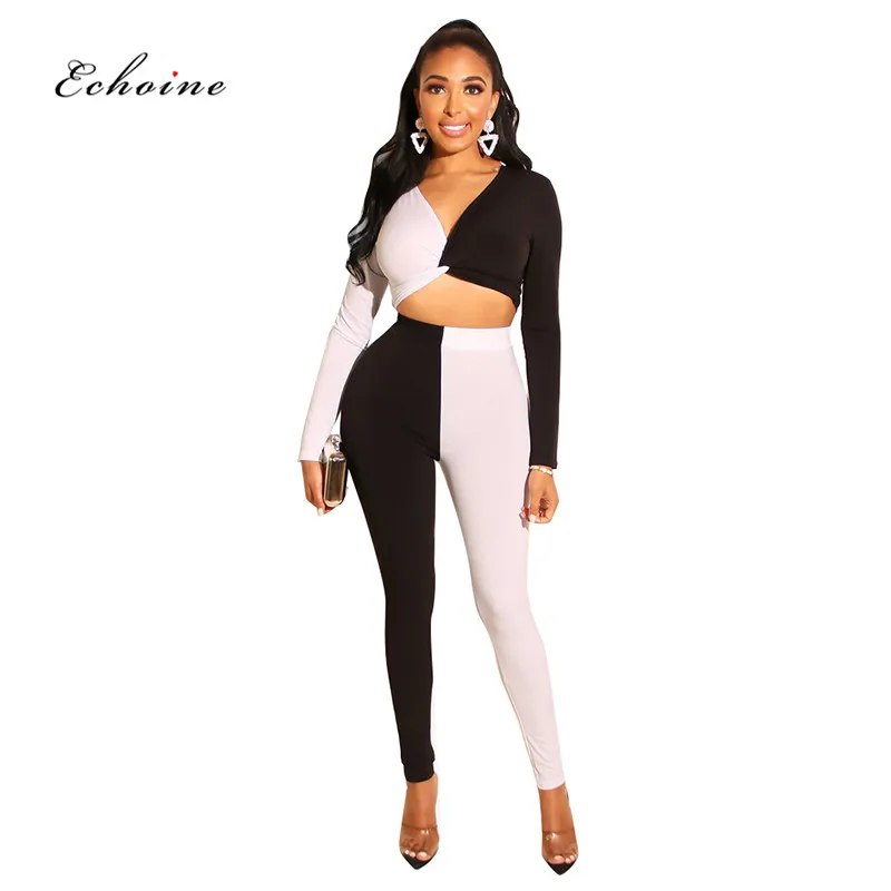 

Echoine Women 2 Piece Set Black White Patchwork Sexy V-Neck Sheath Crop Tops Long Pants Sport Suits Streetwear Tracksuit Clothes