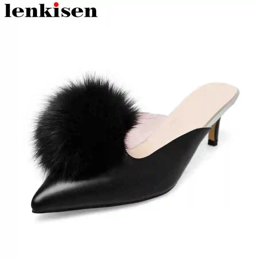

Lenkisen genuine leather plus size pointed toe Fluffy fur med heels slip on mules wedding get-together makings women sandals L59