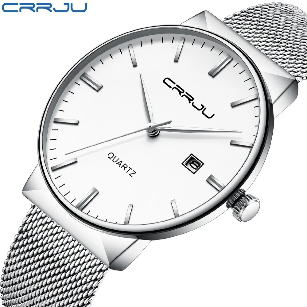 Мужские часы CRRJU лучший бренд класса люкс водонепроницаемые ультра тонкие часы с датой мужские часы со стальным ремешком повседневные кварцевые часы мужские наручные спортивные часы - Цвет: silver white