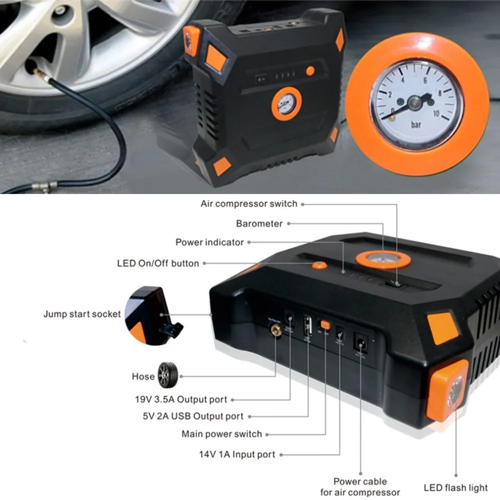 

12V 82800mAh Portable Car Jump Starter With Built-in Air Compressor USB Output Battery Power Bank Multifunction Car Charger