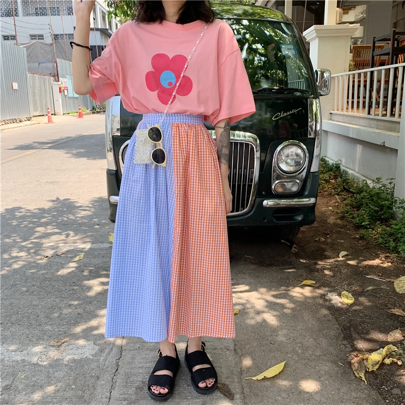 

High Waist Patchwork Block Contrast Candy Color Striped Boho Kawaii Cute Lolita Mori Girl Korean Midi Long Skirt Daisy/Top/Shirt