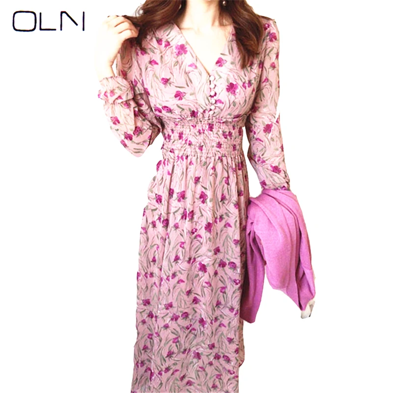 

OLN dress Korean vestidos Autumn new arrival wholesale Stylish sweet V-neck long-sleeved elastic waist long print high quality