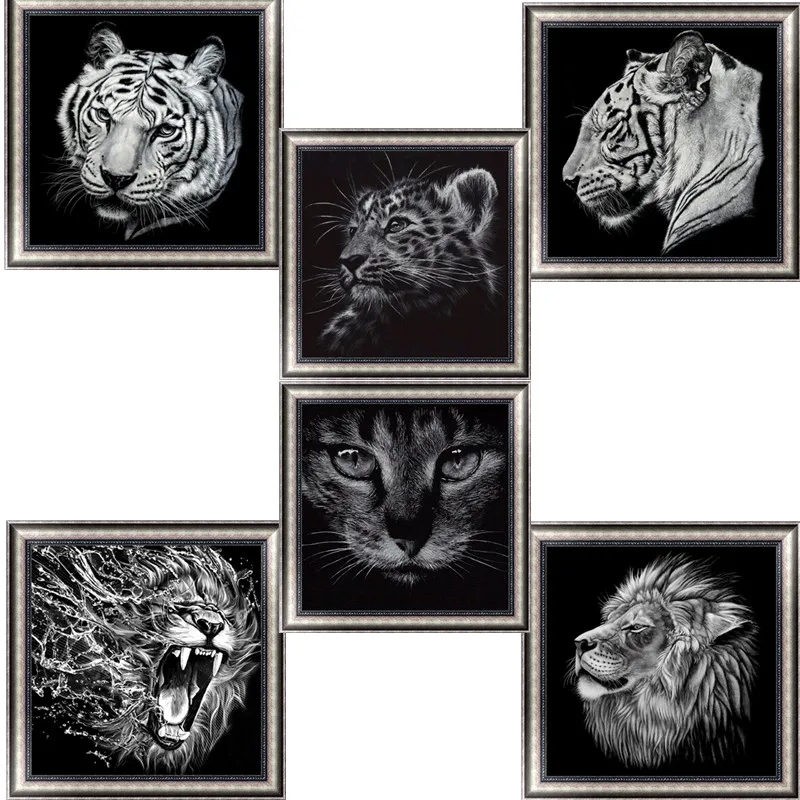 Full Diamond 5D DIY Diamonds Black Lion Tiger Pattern ...