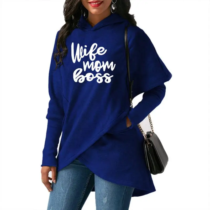 2018 Новая мода жена мама Boss печати топы толстовки Для женщин кофты Femmes Повседневное улица толщиной нерегулярные пуловеры женские
