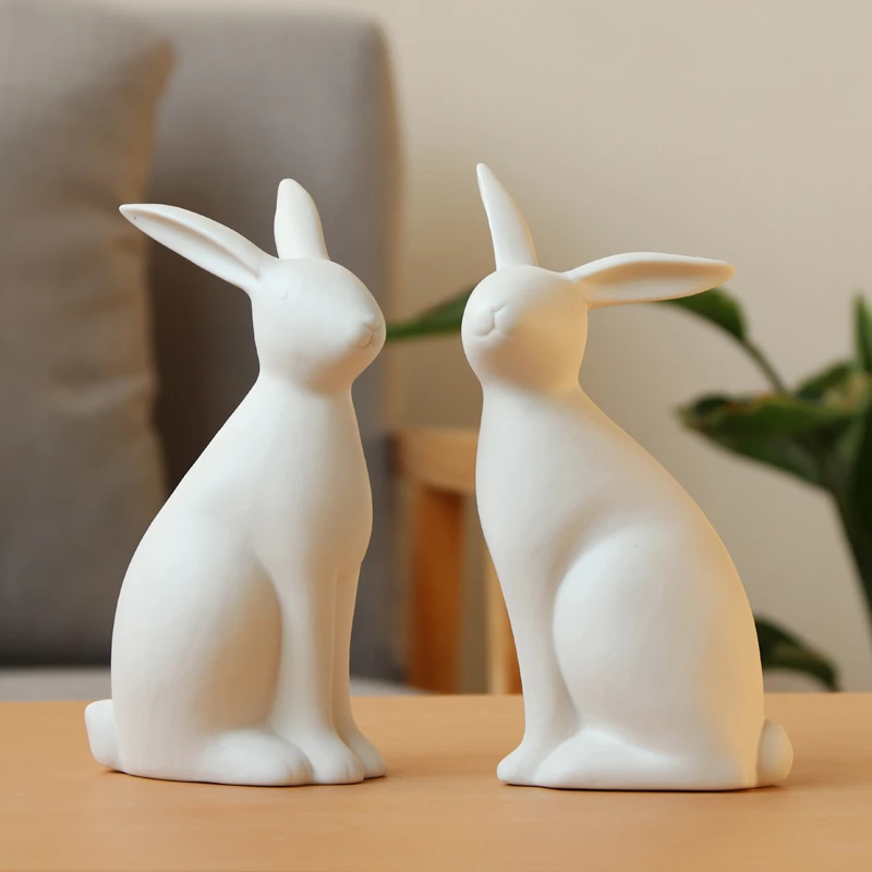 Set Of 2 Simulation Rabbit Statue White Matt Ceramic Bunny Sculpture