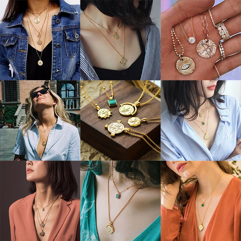 

Vintage Carved Coin Necklace For Women Fashion Gold Color Medallion Necklace Multiple Layers Pendant Long Necklaces Boho Jewelry