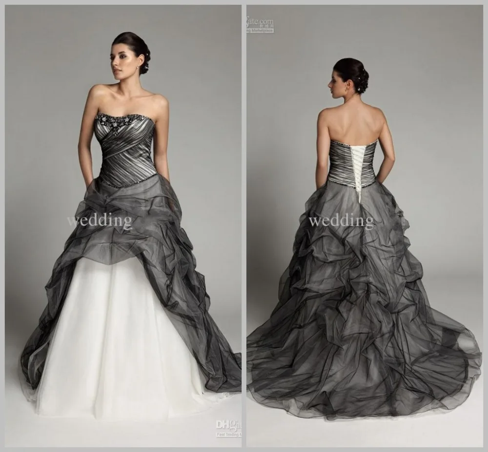 

2017 Gothic Wedding Dresses Grey White Beading Sweetheart Strapless Sleeveless Court Train Wedding Gown Organza Corset up QQ