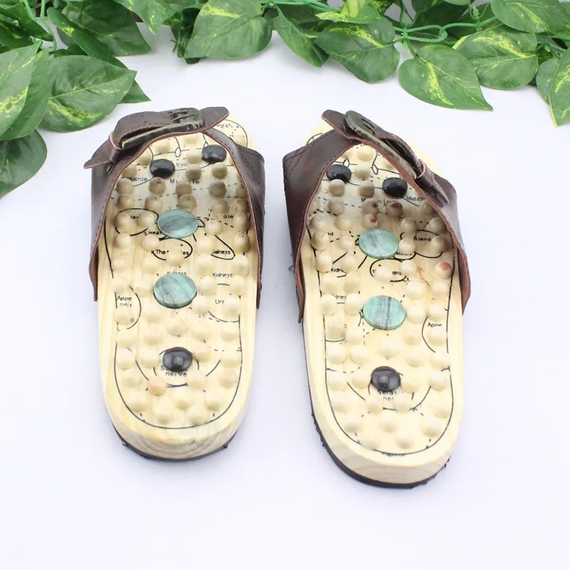 Health care Wooden base acupunture foot massage slippers natural stone acupoint massage slippers-9