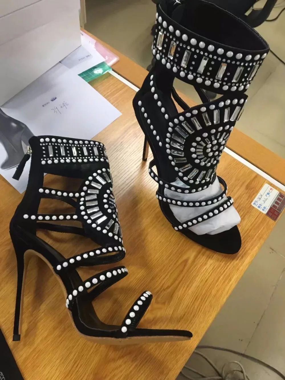 

New women sandal boots thin heel open toe sandals glitter diamond stud high heels ankle strap gladiator sandals crystal beading