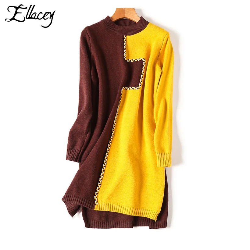 

Ellacey New Arrival 2017 Contrast Color Knitted Dress Women Fashion Patchwork Dresses High Street Girl Knitting Straight Dress