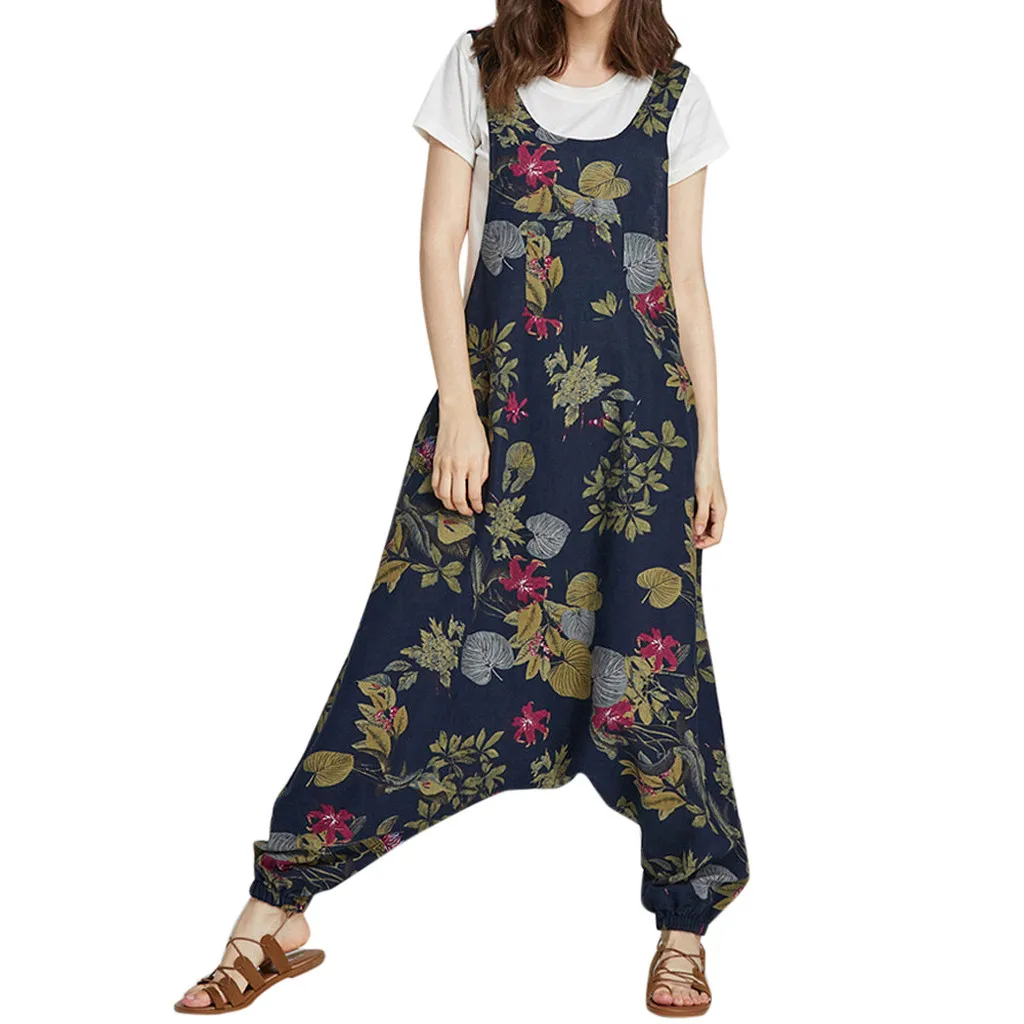 

Regarder Store ♥ Women Vintage Print Bohe Loose Bib Pants Cotton Linen Overalls Jumpsuit Women Clothes Fashion
