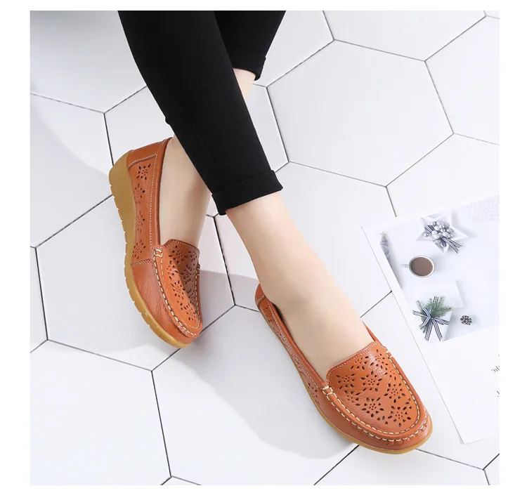  AH 5888-Fashion Fretwork Women Flats Cut Outs Genuine Leather Woman Lafers Summer19