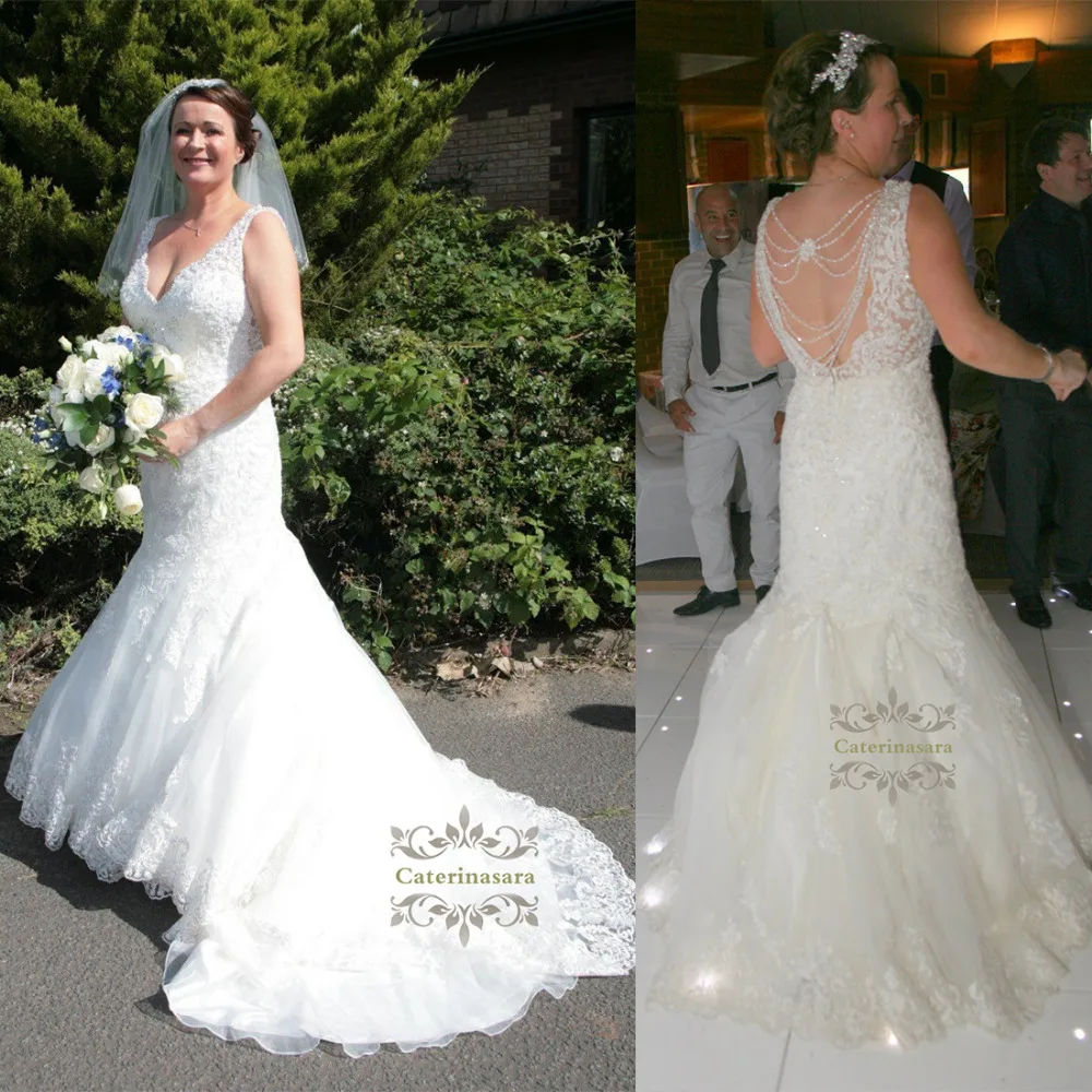 

Overweight Plus Size 2019 Lace Tulle Wedding Dress Sexy V-neck Mermaid Bride Gown Girl Bridal Party with Backless Criss-Cross