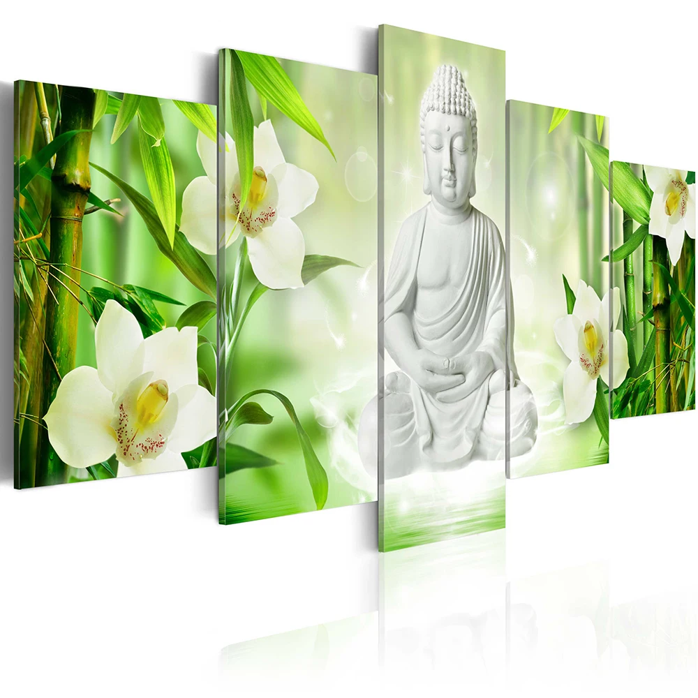 Buddha Meditation Bamboo Orchid 5 Pc Canvas Wall Art Painting Poster Home Decor