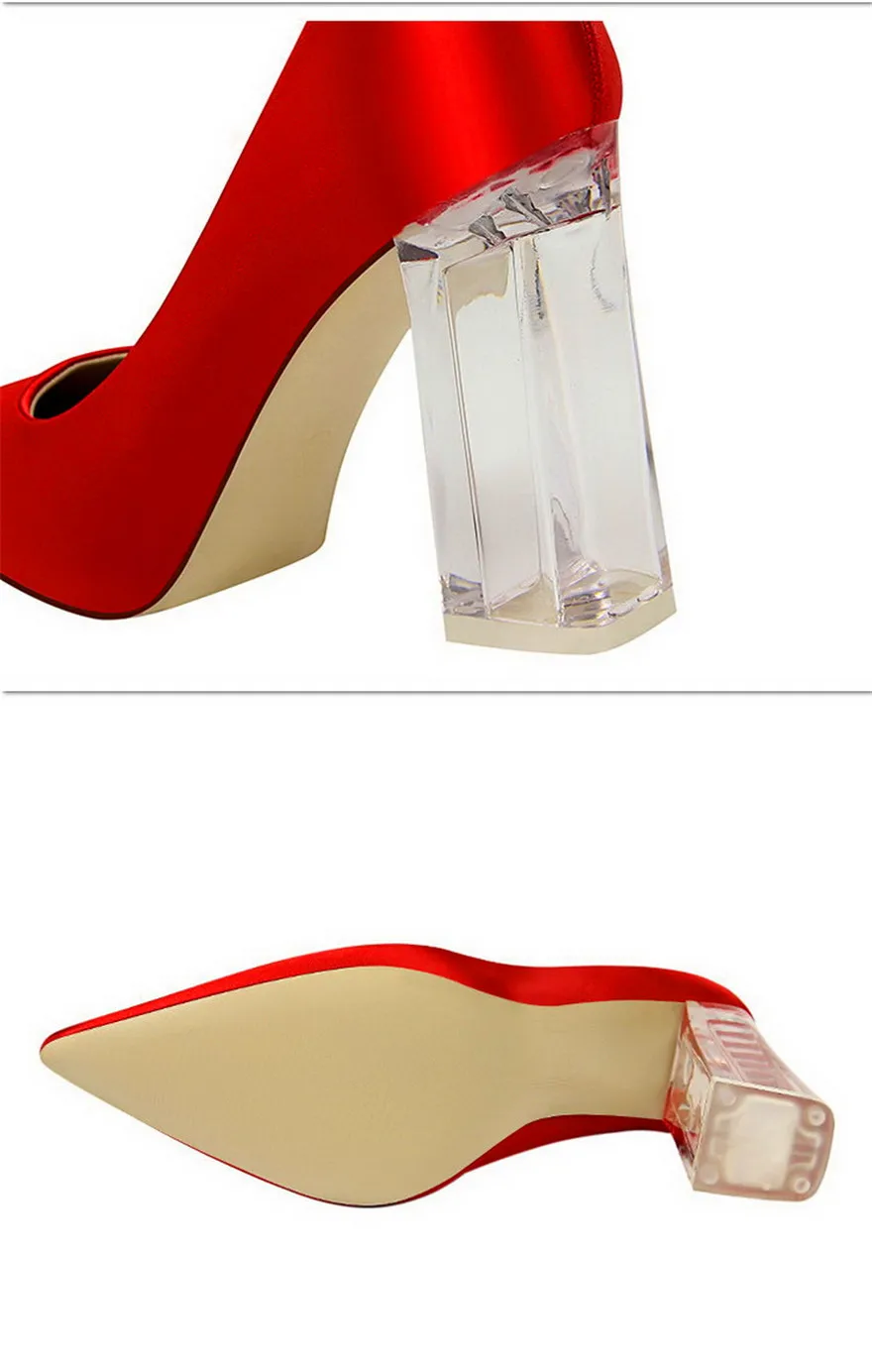 Женские туфли-лодочки больших размеров 34-43 пикантные свадебные туфли из прозрачной искусственной кожи на каблуке женские офисные туфли на высоком каблуке с закрытым шелком в сдержанном стиле