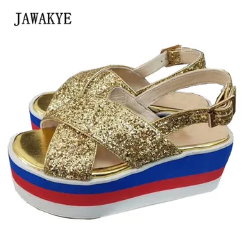 

2018 Bling Bling Sequined Platform Sandals Woman Gold Silver Cross Belt Rainbow Thick Bottom Sandals Women
