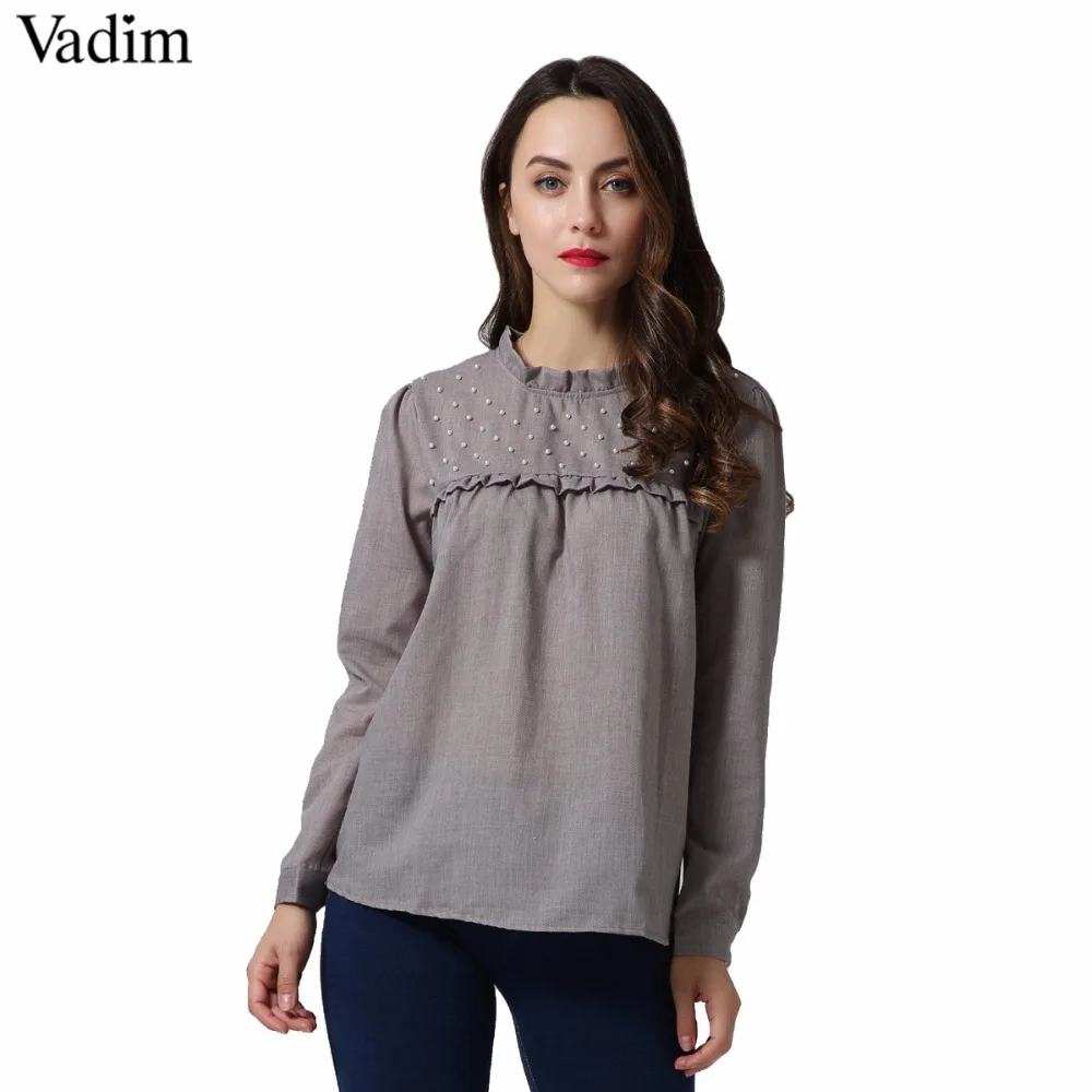 

Vadim elegant ruffled pearls beading shirts long sleeve pleated chic blouse sweet office lady casual brand tops blusas LT2379