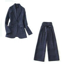 Women's suit set winter new large size Tibetan blue herringbone Slim long-sleeved suit wild high waist wide leg pants suit