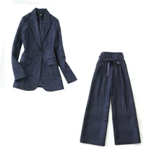 Women's suit set 2019 winter new large size Tibetan blue herringbone Slim long-sleeved suit wild high waist wide leg pants suit
