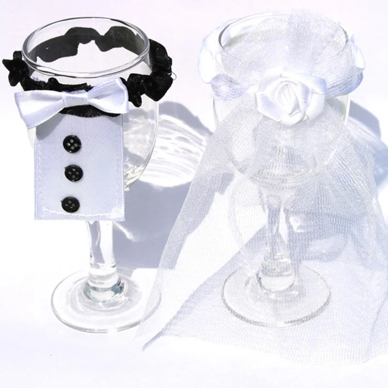 Wedding Dress Bride Groom Bottle Cup Chiffon Covers Lace Cup Decoration Creative Christmas Party