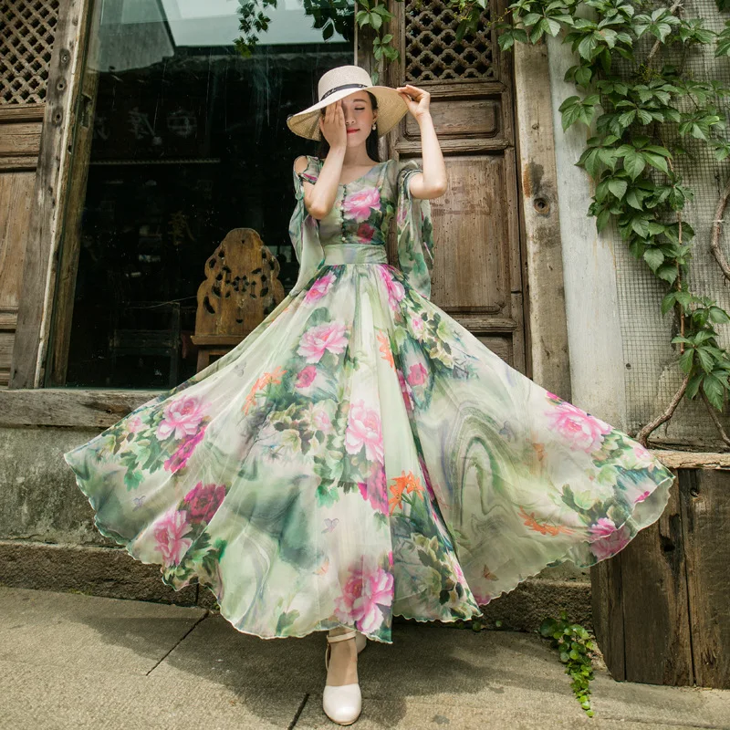 

Women Feminine Flower Prints Ultra Long Chiffon Dress 2018 Summer V-neck Floral Prints Ankle-length Chiffon Dresses
