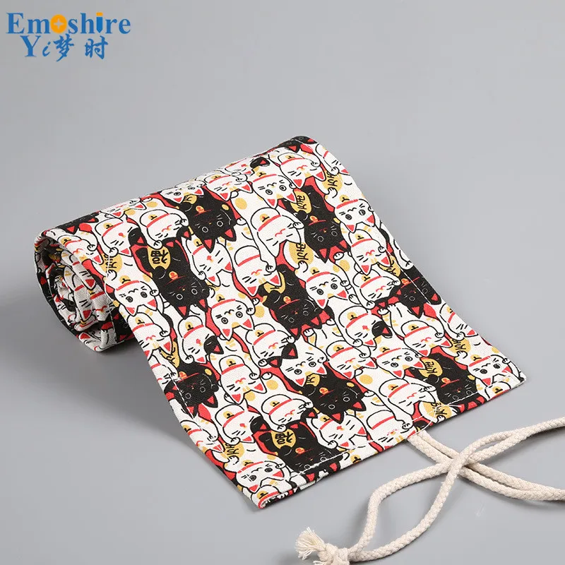 Emoshire Lucky cat print handmade canvas art curtain 36 48 72 hole large capacity pencil pen color lead sketch stationery bag (7)