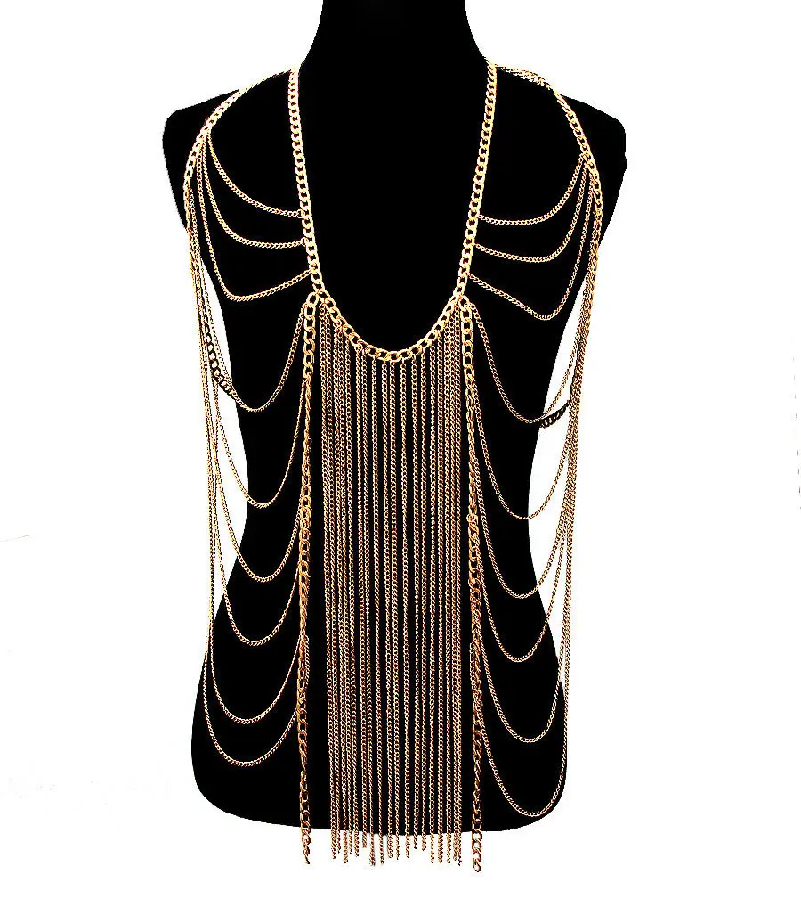 EXOTIC Statement Gold Fringe HEAVY Necklace Body Chain By Rocks