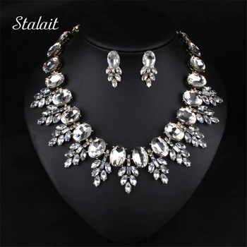 

Fashion Jewelry Big White Leaves Collar Choker Necklace Water Drop Crystal Rhinestone Statement Jewelry Set For Grandmother Gift