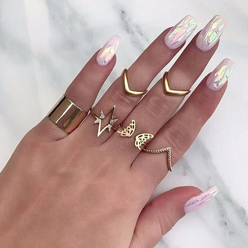 

6 Pcs/set Bohemia Fashion Star Butterfly V Shaped Geometric Gold Joint Ring Women Personality Party Ring Set