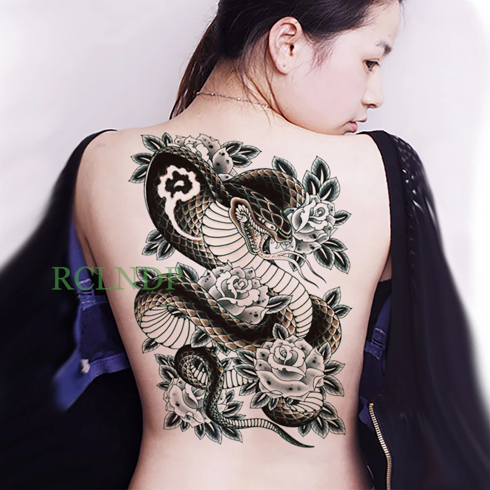 للماء المؤقتة الوشم ملصق الأفعى روز زهرة الجسم الفن على عودة وهمية تاتو فلاش الوشم كبيرة حجم للرجال النساء سيدة