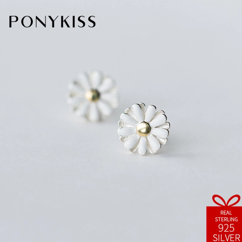 PONYKISS Romantic 100% 925 Sterling Silver Sweet Daisy Stud Earrings Women Fine Jewelry Accessory Birthday Party Gift | Украшения и