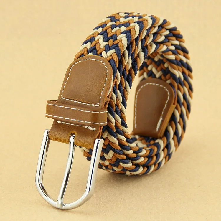 Men Blue Elastic Stretch Waist Belt Canvas Stretch Braided Elastic