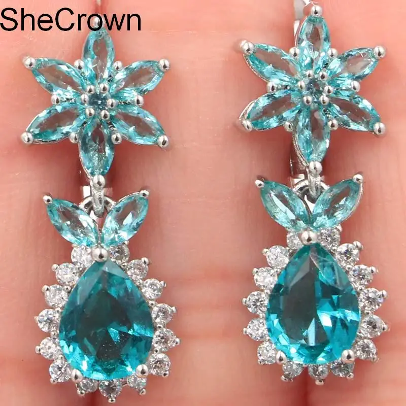 

Hot Sell Rich Blue Aquamarine White CZ Ladies Present Silver Earrings 28x12mm