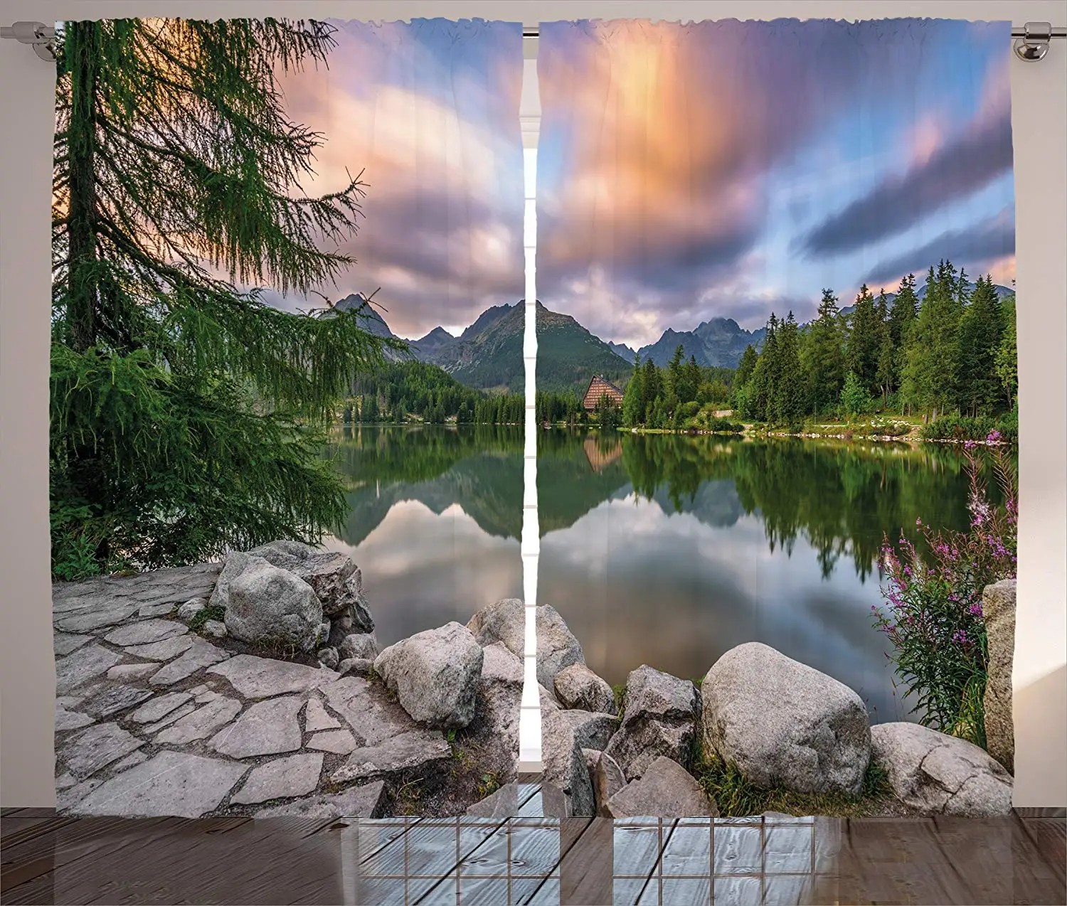 

Scenery Curtains Idyllic View with Tree on Still Lake Surrounded by Mountains and Moody Sky Living Room Bedroom Window Drapes