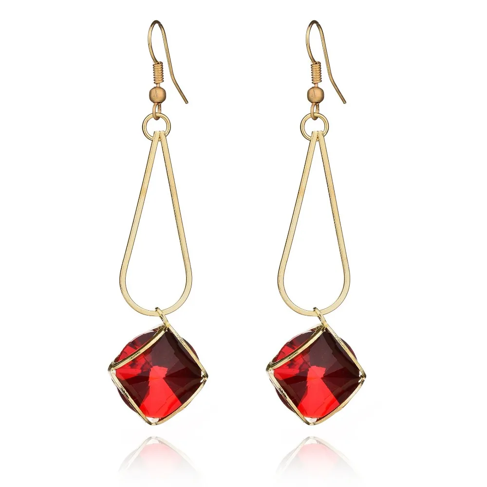 

2018 New High Quality 4 Color Red Blue Glass Crystal Earrings Geometric Gold Color Drop Earrings For Women Fashion Jewelry