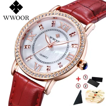

Ladies Watch Luxury Brand WWOOR Women's Watches Red Leather Rose Gold Quartz Watch Diamonds Women Dress Clock Relogio Feminino
