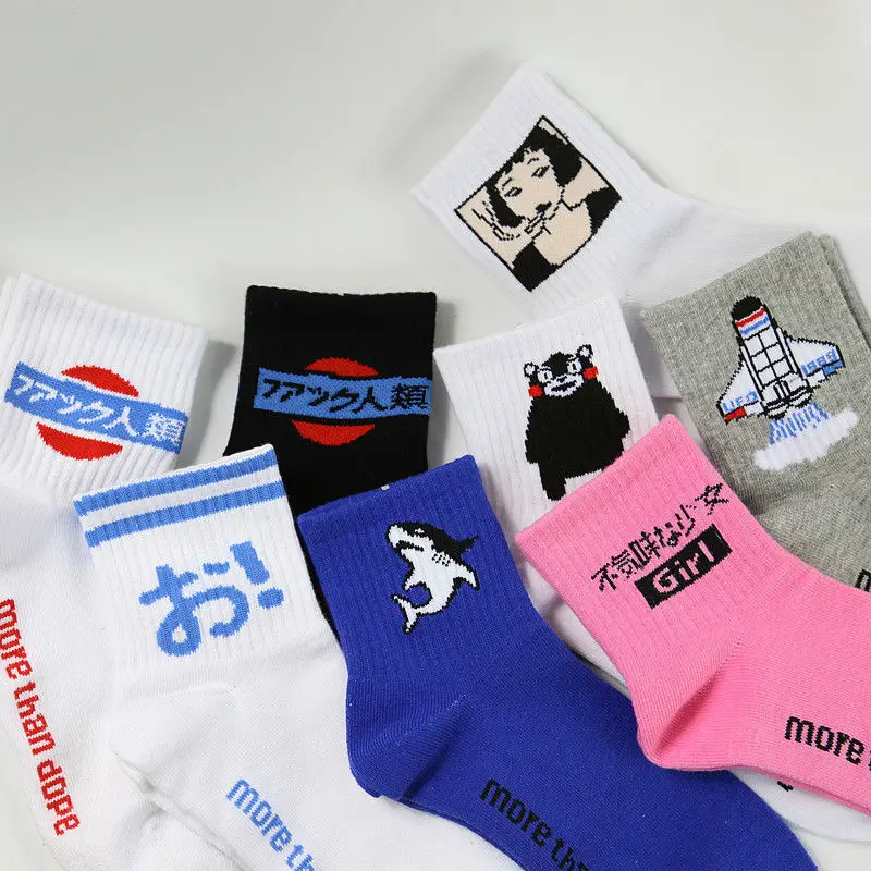 

Korean Harajuku Women and Men Cartoon Tube Socks Funny Japanese Rocket Human Shark Frech Fries Pattern Long Socks Cotton Sock