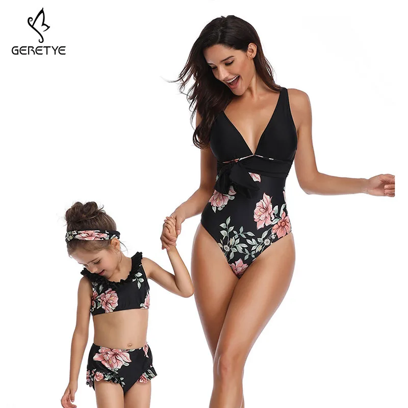 2019 Backless Parent-child Swimwear New One Pieces Women Child Suit Floral Print Tops Female Kid Suit Sexy Fashion Swimsuit