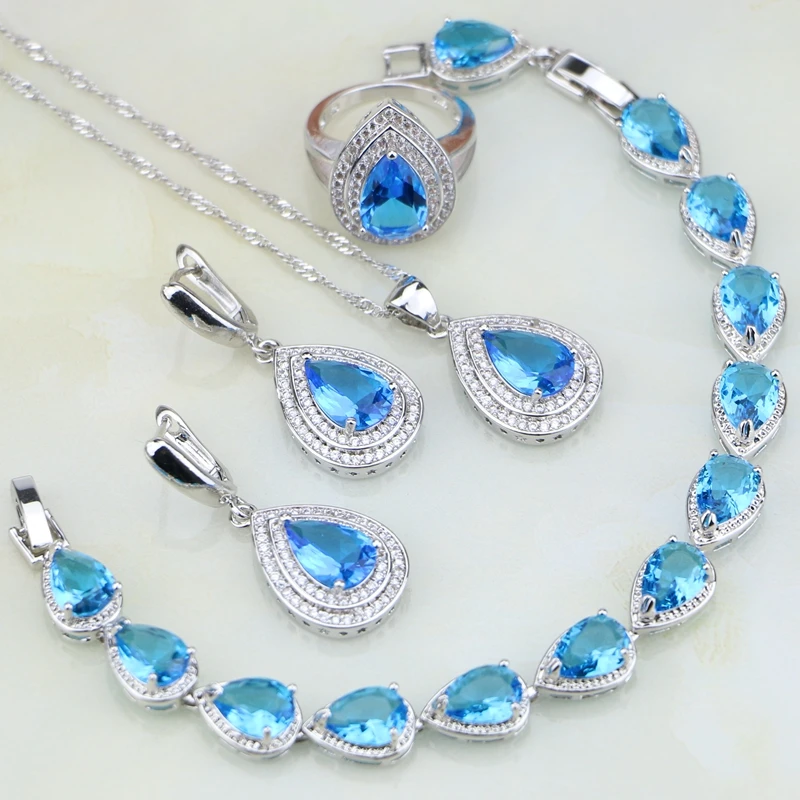 925 Silver Jewelry Sky Blue White Australian Crystal Jewelry Sets For