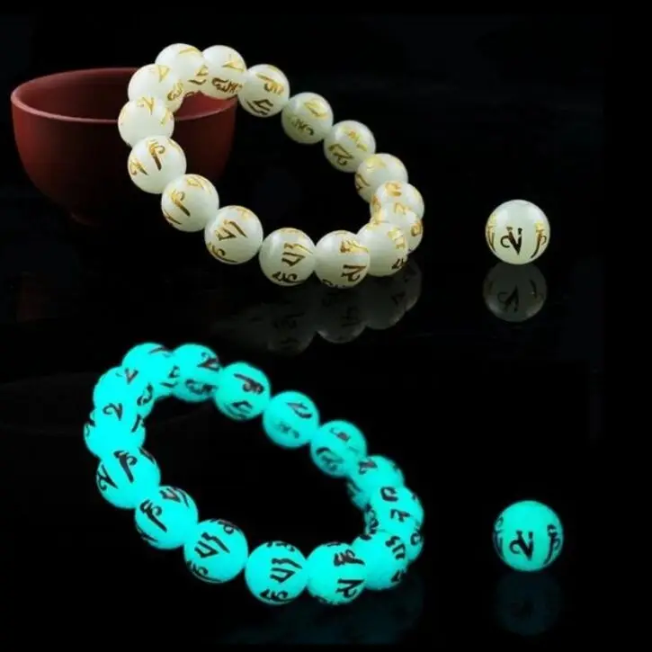 

Buddhist Runes Luminous Stone Beads Bangles & Bracelets Religious Jewelry Glowing in the Dark Bracelet For Women or Men