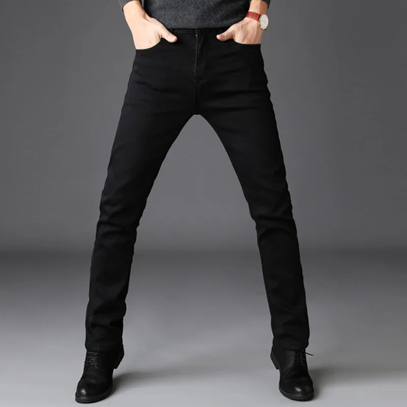 Новинка, зимние мужские джинсы черного цвета, облегающие, тянущиеся, плотные, вельветовые штаны, теплые джинсы для мужчин, модные, повседневные, флисовые, мужские брюки