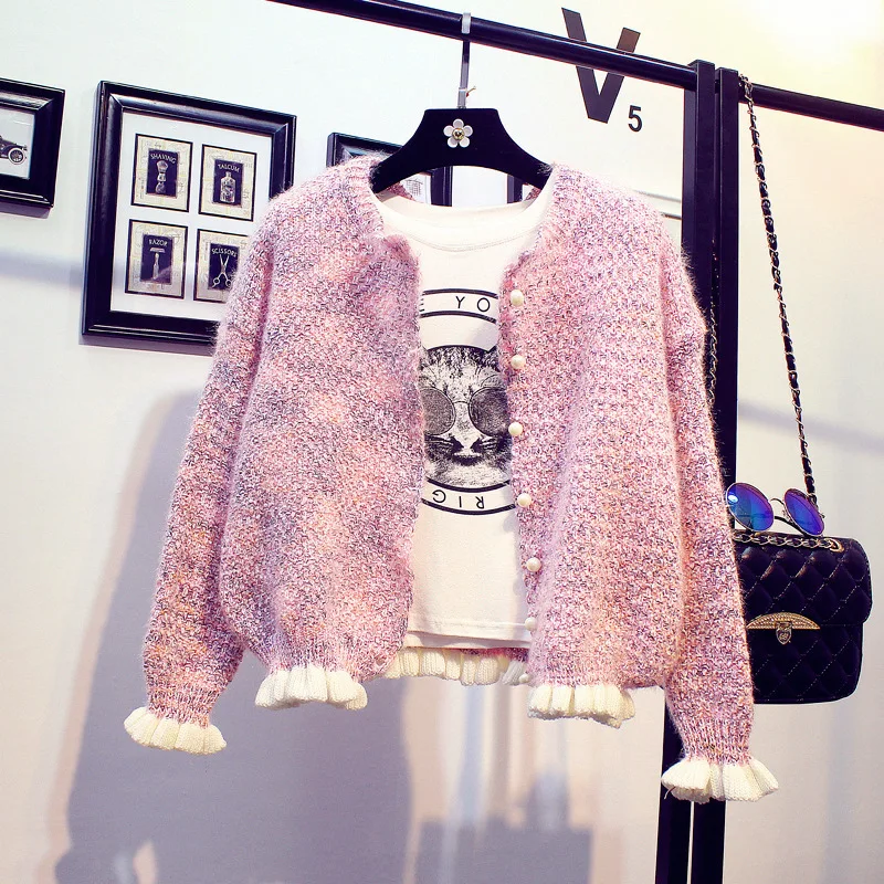 

Spring loose pearl buttons knit short o-neck Cardigan Sweater Small agaric coat female students