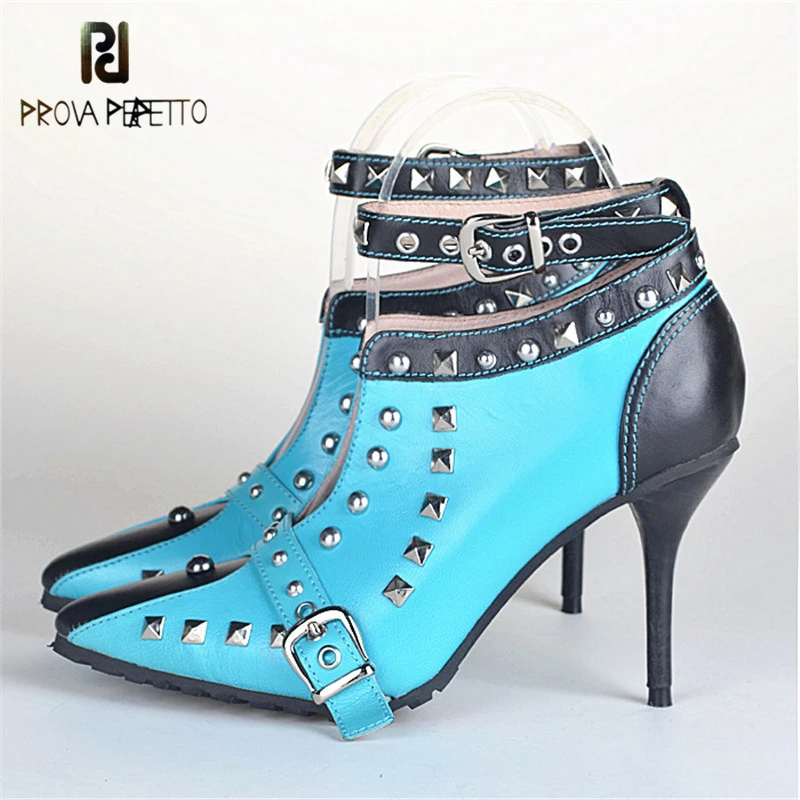 

Prova Perfetto Sheepskin Mixed Color Party Shoes Woman Rivets High Heel Ankle Boot Point Toe Princess Shallow Boot Fashion Shoe