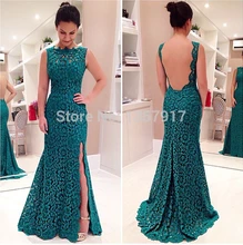 Schwarz-grüne Spitze Meerjungfrau Cocktailkleider 2017 Backless Front High Split Nixe-abschlussball Lange Vestido De Festa Für Verkauf