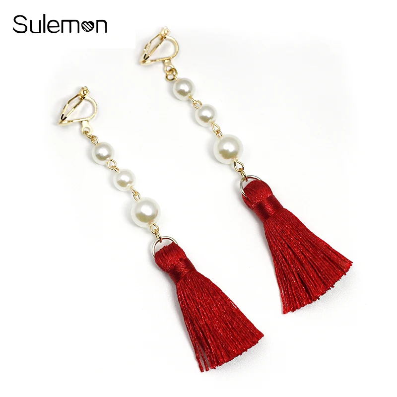

Pearl Red Tassels Earrings Without Piercing Romantic Simulated-Pearl Long Clip Earrings No Pierced Minimalist Jewelry CE273
