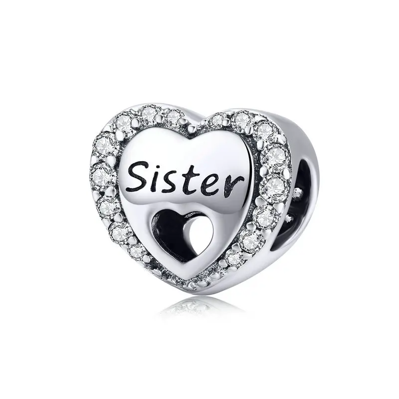 

MOWIMO Sister Heart Beads 925 Sterling Silver Dazzling CZ Fit Original Pandora Bracelet Pendant Friendship Jewelry Gift BKC1141